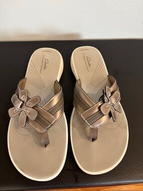 Clarks Bronze Floral Slip-On Sandals